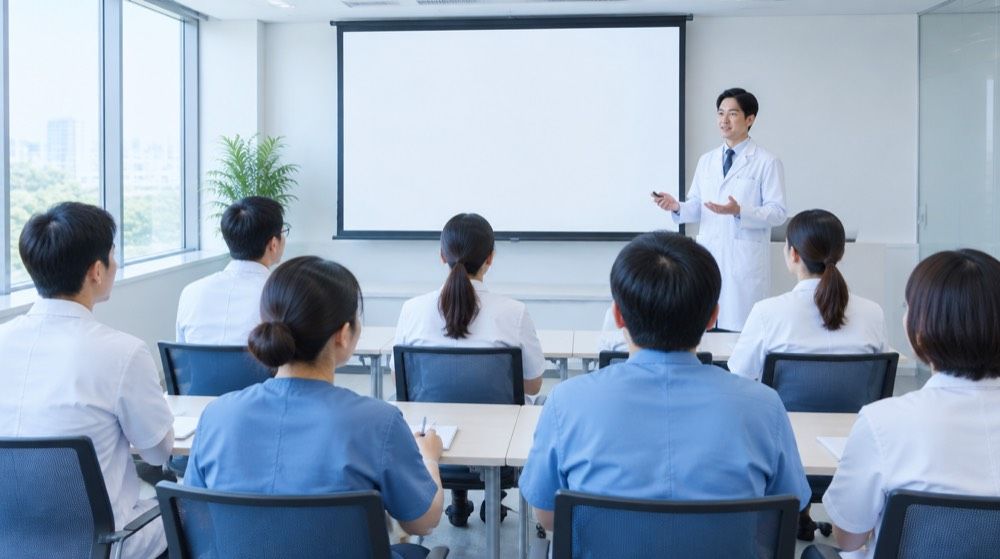 研修室で講師の話を聞く、医療機関の職員たち