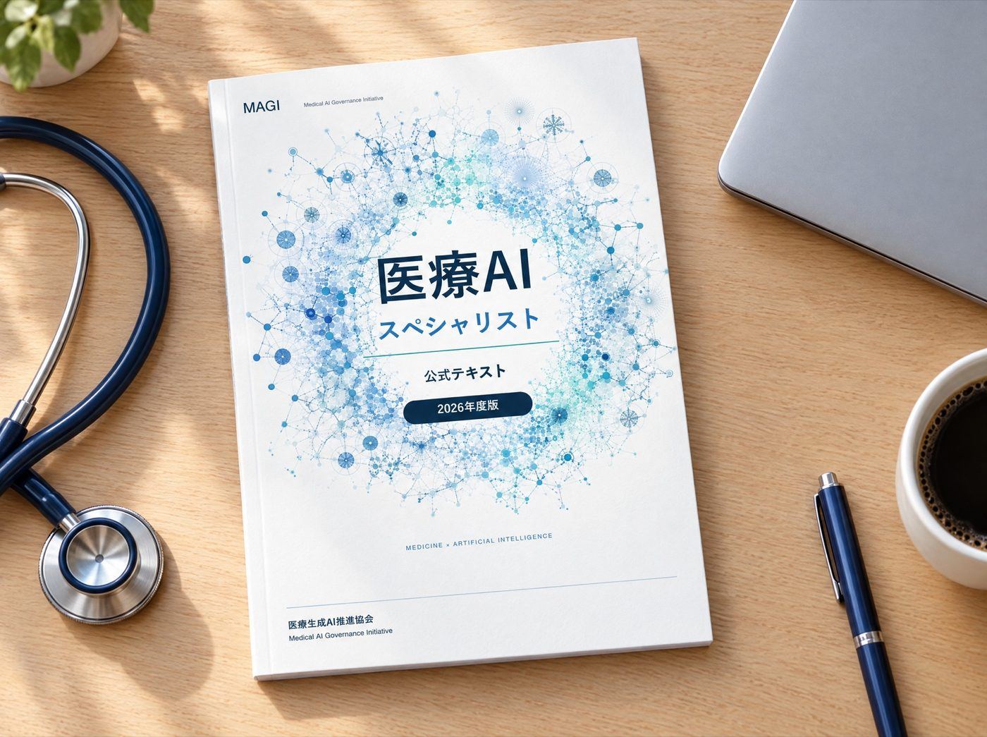 机の上に置かれた『医療AIスペシャリスト 公式テキスト』と聴診器